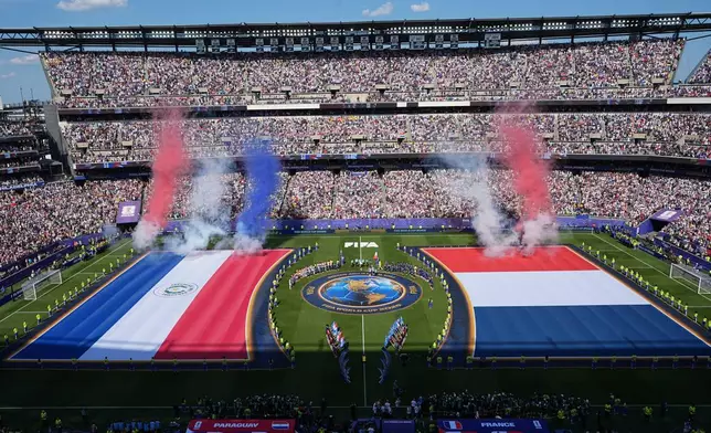 General view during pregame ceremony before the World Cup round of 16 soccer match between Paraguay and France in Philadelphia, Saturday, July 4, 2026. (AP Photo/Matt Rourke)