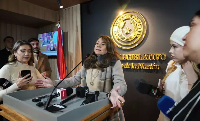 Paraguayan Senator Celeste Amarilla gives a press conference in Asuncion, Paraguay, Tuesday, July 7, 2026. (AP Photo/Jorge Saenz)