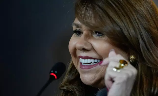 Paraguayan Senator Celeste Amarilla gives a press conference in Asuncion, Paraguay, Tuesday, July 7, 2026. (AP Photo/Jorge Saenz)