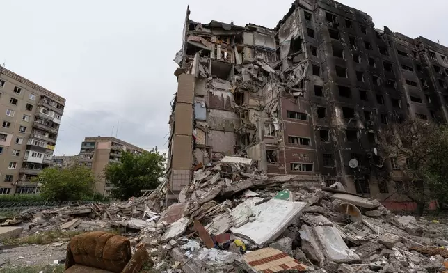 This photo provided by Ukraine's 93rd Kholodnyi Yar Separate Mechanized Brigade press service and taken Saturday, July 25, 2026, shows the damaged center of the frontline town of Druzhkivka, Donetsk region, Ukraine. (Iryna Rybakova/Ukraine's 93rd Mechanized Brigade via AP)