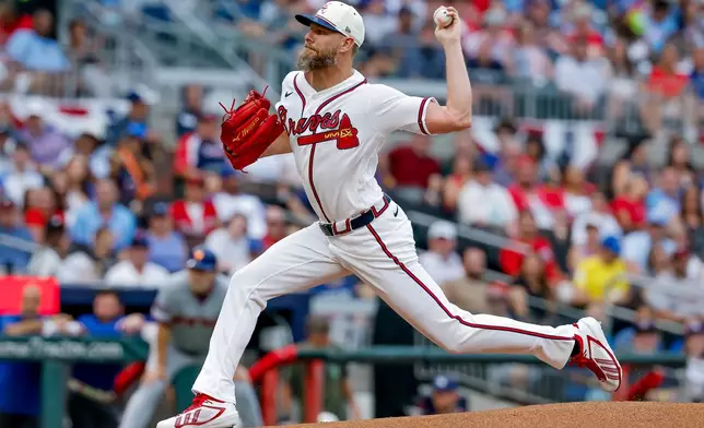 Atlanta Braves pitcher Chris Sale delivers to a New York Mets batter during the first inning of a baseball game, Saturday, July 4, 2026, in Atlanta. (AP Photo/Erik S. Lesser)
