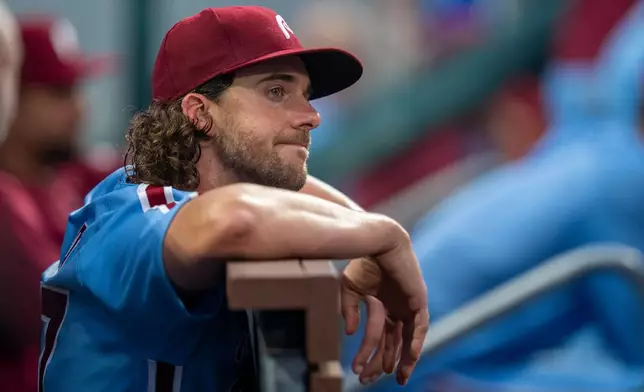 Philadelphia Phillies' Aaron Nola looks on after being pulled during the seventh inning of a baseball game against the New York Mets, Thursday, July 16, 2026, in Philadelphia. (AP Photo/Chris Szagola)