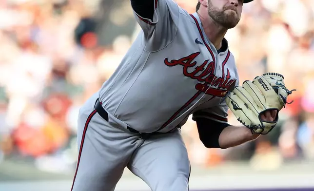 Atlanta Braves pitcher Bryce Elder throws during the first inning of a baseball game against the Baltimore Orioles, Saturday, July 25, 2026, in Baltimore. (AP Photo/Daniel Kucin Jr.)