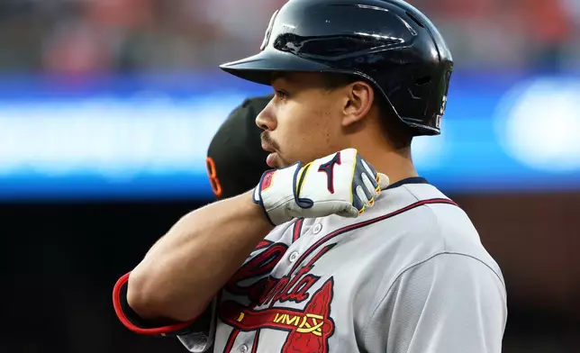 Atlanta Braves' Drake Baldwin celebrates after hitting a single during the third inning of a baseball game against the Baltimore Orioles, Saturday, July 25, 2026, in Baltimore. (AP Photo/Daniel Kucin Jr.)