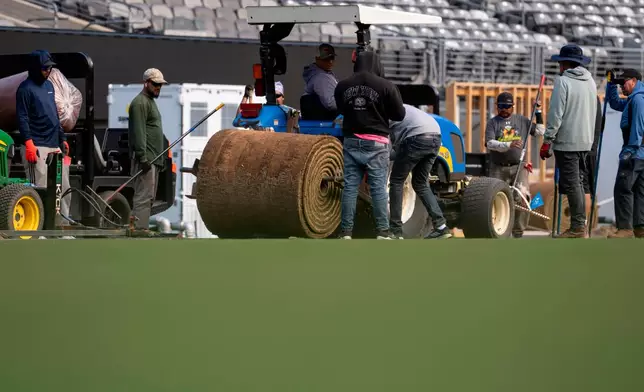 FILE - Workers install grass during the pitch installation for FIFA World Cup 2026 at NYNJ Stadium, Thursday, May 7, 2026, in East Rutherford, N.J. (AP Photo/Yuki Iwamura, File)