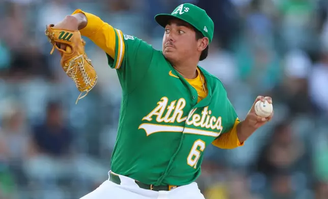 Athletics pitcher Gage Jump throws to a Boston Red Sox batter during the first inning of a baseball game, Tuesday, July 28, 2026, in West Sacramento, Calif. (AP Photo/Scott Marshall)