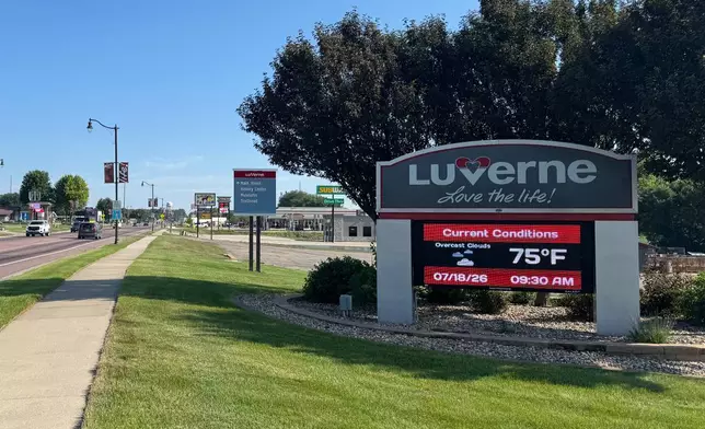 A city welcome sign greets visitors as they exit the interstate into Luverne, Minn., Saturday, July 18, 2026. (AP Photo/Sarah Raza)