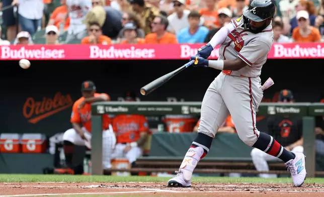 Atlanta Braves' Michael Harris II hits A single during the second inning of a baseball game against the Baltimore Orioles, Sunday, July 26, 2026, in Baltimore. (AP Photo/Daniel Kucin Jr.)