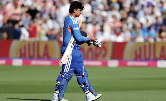 India's Vaibhav Sooryavanshi leaves the field after being caught out by England's Sam Curran from the bowling of Jofra Archer during the fourth Vitality IT20 match against England at the Seat Unique Stadium in Bristol, England, on Thursday July 9, 2026. (Steven Paston/PA via AP)