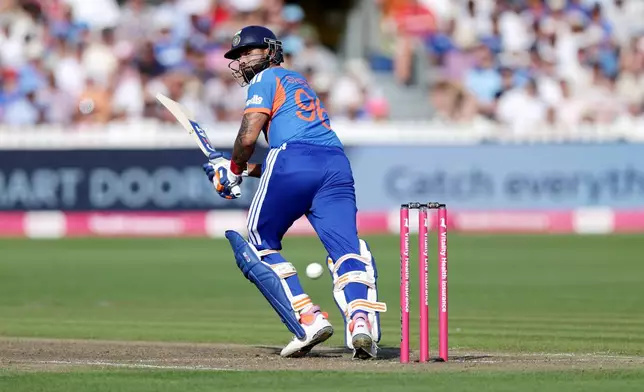 India's Shreyas Iyer bats during the fourth Vitality IT20 match against England at the Seat Unique Stadium in Bristol, England, on Thursday July 9, 2026. (Steven Paston/PA via AP)