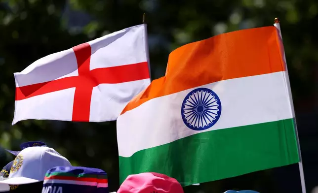 England and India flags on display ahead of the fourth Vitality IT20 match at the Seat Unique Stadium in Bristol, England, on Thursday July 9, 2026. (Steven Paston/PA via AP)