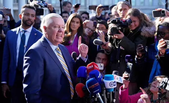 FILE - Sen. Lindsey Graham, R-S.C., speaks to reporters outside the West Wing of the White House in Washington, Feb. 28, 2025. (AP Photo/Ben Curtis, File)
