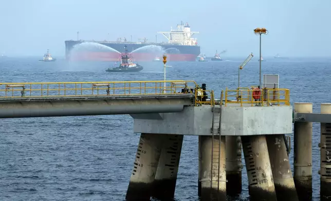 FILE - An oil tanker approaches the new Jetty during the launch of the new oil facility in Fujairah, United Arab Emirates, Sept. 21, 2016. (AP Photo/Kamran Jebreili, File)