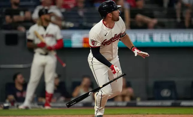 Cleveland Guardians' David Fry watches his home run in the seventh inning of a baseball game against the Chicago White Sox in Cleveland, Thursday, July 2, 2026. (AP Photo/Sue Ogrocki)