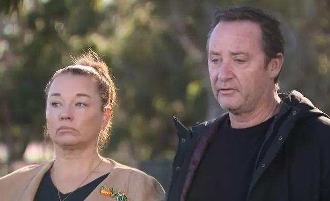 In this image made from video, Samantha Morton, left, and Shaun Bowles, the parents of Holly Morton-Bowles, speak during news conference in Melbourne, Australia, Friday, July 17, 2026. (Channel 9 via AP)