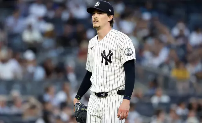New York Yankees pitcher Max Fried walks to the dugout in the fourth inning during the second baseball game of a doubleheader against the Pittsburgh Pirates, Wednesday, July 22, 2026, in New York. (AP Photo/Adam Hunger)