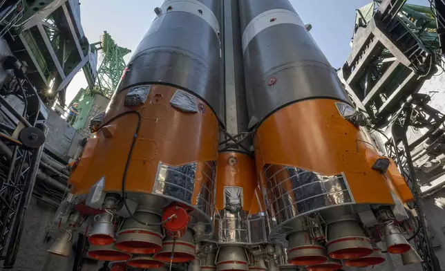 The Soyuz rocket is raised into position at the Site 31 launch pad of the Baikonur Cosmodrome in Kazakhstan, Saturday, July 11, 2026. (Bill Ingalls