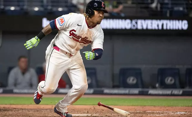 Cleveland Guardians' Jose Ramirez runs out a ground out against the Minnesota Twins during the eighth inning of a baseball game, Wednesday, July 22, 2026, in Cleveland. (AP Photo/Phil Long)