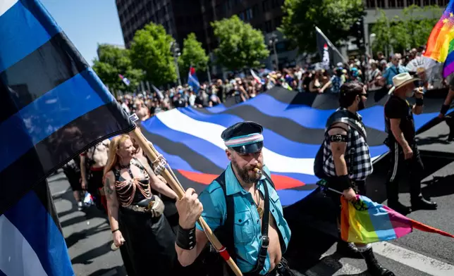 People carry a "Leather Pride Flag" during the Christopher Street Day parade in Berlin, on Saturday, July 25, 2026. (Fabian Sommer/dpa via AP)