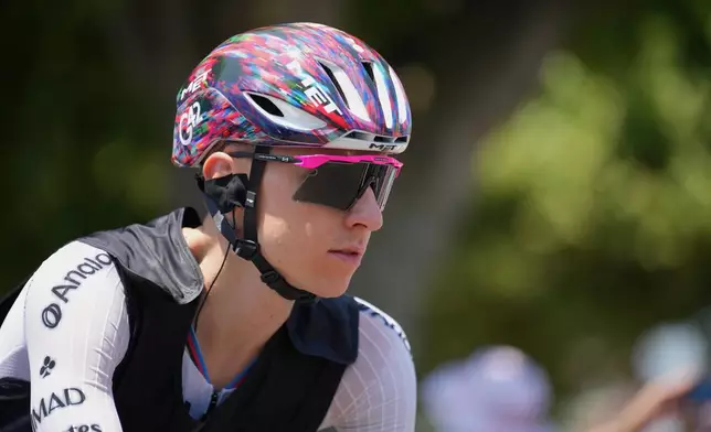 Slovenia's Tadej Pogacar arrives for the start of the fifth stage of the Tour de France cycling race over 158.3 kilometers (98.1 miles) with start in Lannemezan and finish in Pau, France, Wednesday, July 8, 2026. (AP Photo/Mosa'ab Elshamy)