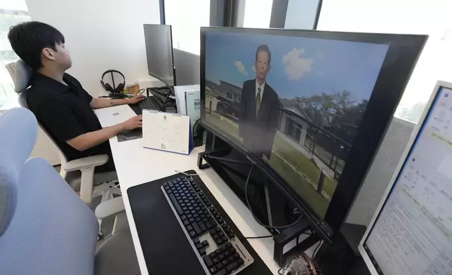 A computer screen as a video clip shows a digital likeness of Lee Geon Hui's late grandfather speaking at Seoul-based tech firm Vaice, South Korea, Friday, June 12, 2026. (AP Photo/Ahn Young-joon)