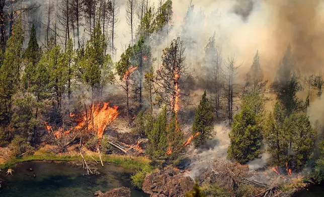 The Bench fire burns along the banks of the Deschutes River on Saturday, July 25, 2026, in Jefferson County, Ore. (AP Photo/Noah Berger)