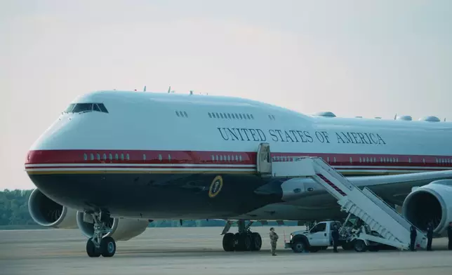 The newly designated Air Force One is ready as President Donald Trump arrives to board, Wednesday, July 1, 2026, at Joint Base Andrews, Md. (AP Photo/Julia Demaree Nikhinson)