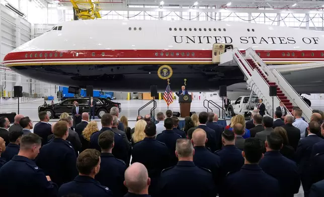 President Donald Trump speaks after touring the newly designated Air Force One presidential aircraft at Joint Base Andrews, Md., Friday, June 19, 2026. (AP Photo/Manuel Balce Ceneta)