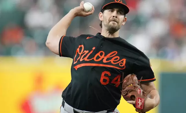 Baltimore Orioles starting pitcher Dean Kremer delivers to Houston Astros' Jeremy Pena during the first inning of a baseball game, Friday, July 17, 2026, in Houston. (AP Photo/Karen Warren)