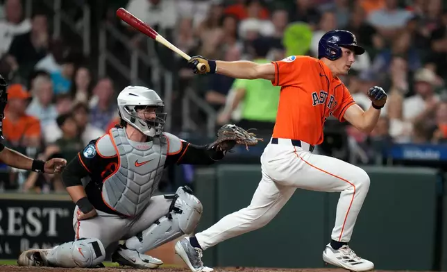 Houston Astros' Lucas Spence grounds out to Baltimore Orioles second baseman Jackson Holliday during the fourth inning of a baseball game, Friday, July 17, 2026, in Houston. (AP Photo/Karen Warren)