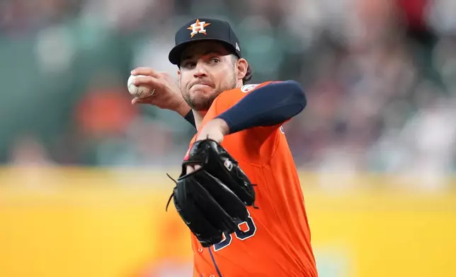 Houston Astros starting pitcher Peter Lambert delivers to Baltimore Orioles' Adley Rutschman during the first inning of a baseball game, Friday, July 17, 2026, in Houston. (AP Photo/Karen Warren)
