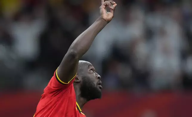 Belgium's Romelu Lukaku (9) celebrates his goal against New Zealand during the second half of their World Cup Group G soccer match in Vancouver, British Columbia, Friday, June 26, 2026. (Darryl Dyck/The Canadian Press via AP)