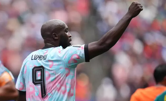 Belgium's Romelu Lukaku (9) celebrates after scoring during the World Cup round of 32 soccer match between Belgium and Senegal in Seattle, Wednesday, July 1, 2026. (AP Photo/Manu Fernandez)