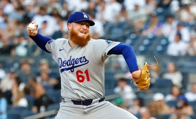 Los Angeles Dodgers pitcher Will Klein throws against the New York Yankees during the first inning of the second game of a baseball doubleheader, Sunday, July 19, 2026 in New York. (AP Photo/Noah K. Murray)