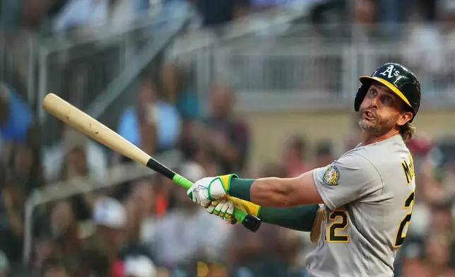 Athletics' Jeff McNeil bats against the Minnesota Twins during the fifth inning of a baseball game, Friday, July 24, 2026, in Minneapolis. (AP Photo/Ellen Schmidt)