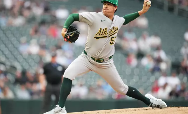 Athletics pitcher Jacob Lopez throws to the Minnesota Twins during the first inning of a baseball game, Friday, July 24, 2026, in Minneapolis. (AP Photo/Ellen Schmidt)