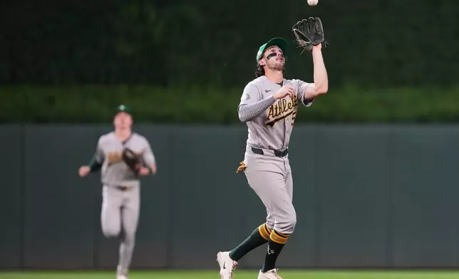 Athletics shortstop Jacob Wilson catches for an out on the Minnesota Twins during the fourth inning of a baseball game, Friday, July 24, 2026, in Minneapolis. (AP Photo/Ellen Schmidt)