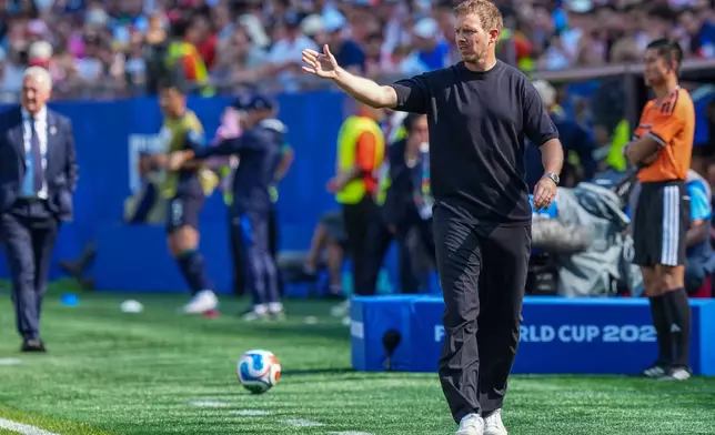 Germany head coach Julian Nagelsmann reacts during the World Cup round of 32 soccer match between Germany and Paraguay in Foxborough, Mass., near Boston, Monday, June 29, 2026. (AP Photo/Martin Meissner)