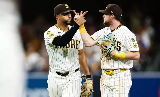 San Diego Padres' Jake Cronenworth, right, and Xander Bogaerts celebrate after turning a double play against the Toronto Blue Jays in the eighth inning of a baseball game Saturday, July 11, 2026, in San Diego. (AP Photo/Derrick Tuskan)
