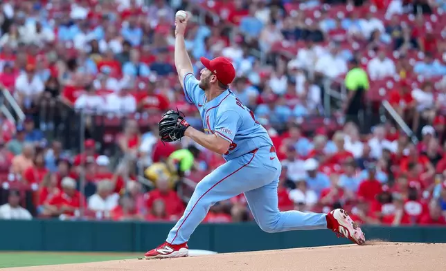 St. Louis Cardinals starting pitcher Andre Pallante throws during the first inning of a baseball game against the Cincinnati Reds Saturday, July 25, 2026, in St. Louis. (AP Photo/Scott Kane)