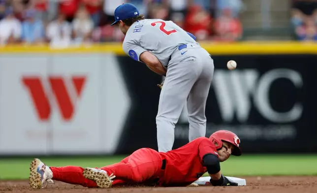 Cincinnati Reds' TJ Friedl, bottom, dives safely back to second base as Chicago Cubs second baseman Nico Hoerner (2) bobbles the ball during the third inning of a baseball game, Saturday, July 11, 2026, in Cincinnati. (AP Photo/Jay LaPrete)