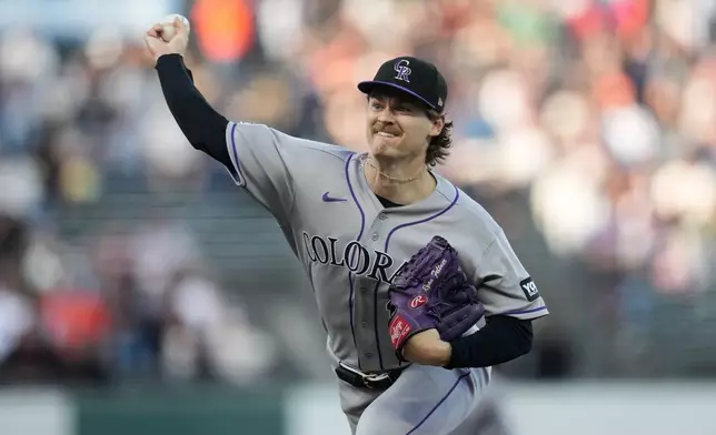 Colorado Rockies pitcher Ryan Feltner throws against the San Francisco Giants during the first inning of a baseball game Thursday, July 9, 2026, in San Francisco. (AP Photo/Jeff Chiu)