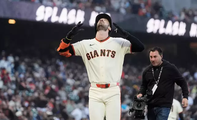 San Francisco Giants' Bryce Eldridge celebrates after hitting a home run against the Colorado Rockies during the fourth inning of a baseball game Thursday, July 9, 2026, in San Francisco. (AP Photo/Jeff Chiu)