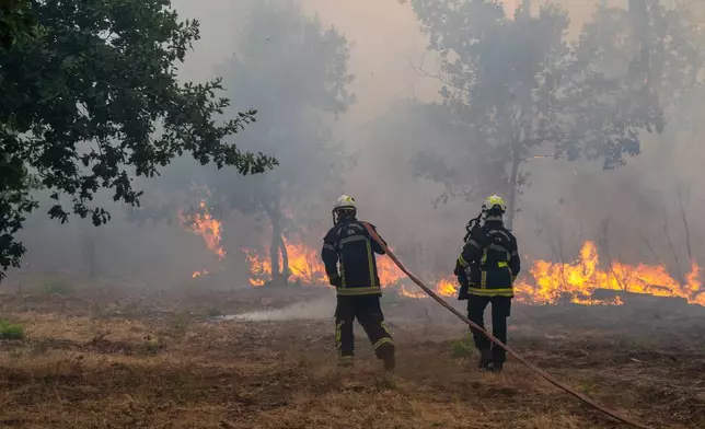 Fiirefighters spray water in a burning forest in the Lège-Cap-Ferret region, western France, Friday, July 24, 2026. (AP Photo/Caroline Blumberg)