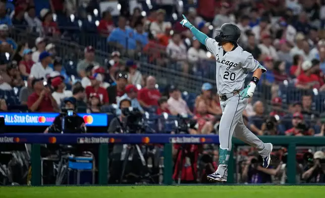 Chicago White Sox's Miguel Vargas celebrates as he rounds the bases after hitting a home run against Los Angeles Dodgers' Justin Wrobleski in the eighth inning during the MLB baseball All-Star Game between the American League and National League, Tuesday, July 14, 2026, in Philadelphia. (AP Photo/Matt Slocum)