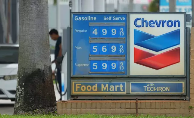 FILE - A customer pumps gas at a Chevron station Wednesday, May 27, 2026, in North Miami, Fla.(AP Photo/Marta Lavandier, File)