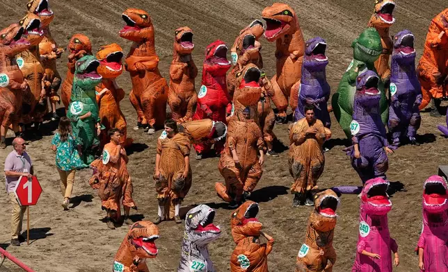 Racers in inflatable T. rex costumes wait to participate in the during the T-Rex World Championship Races at Emerald Downs, Sunday, July 12, 2026, in Auburn, Wash. (AP Photo/Lindsey Wasson)