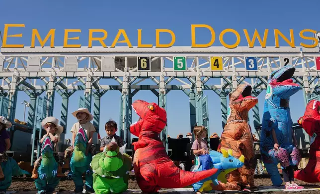 Young racers prepare at the starting gate before a kids' heat during the T-Rex World Championship Races at Emerald Downs, Sunday, July 12, 2026, in Auburn, Wash. (AP Photo/Lindsey Wasson)