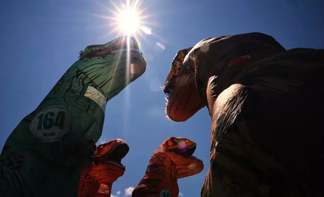 Participants gather to talk and line up for the preliminary heats during the T-Rex World Championship Races at Emerald Downs, Sunday, July 12, 2026, in Auburn, Wash. (AP Photo/Lindsey Wasson)