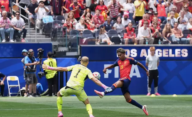 Spain's Lamine Yamal (19) kicks the ball against Austria goalkeeper Alexander Schlager (1) during the World Cup round of 32 soccer match between Spain and Austria in Inglewood, Calif., near Los Angeles, Thursday, July 2, 2026. (AP Photo/Jae C. Hong)